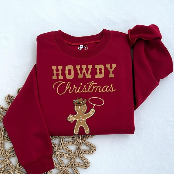 Howdy Christmas Gingerbread Embroidered Sweatshirt, Cowboy Gingerbread Sweatshirt, Western Country Holiday Crewneck Sweater