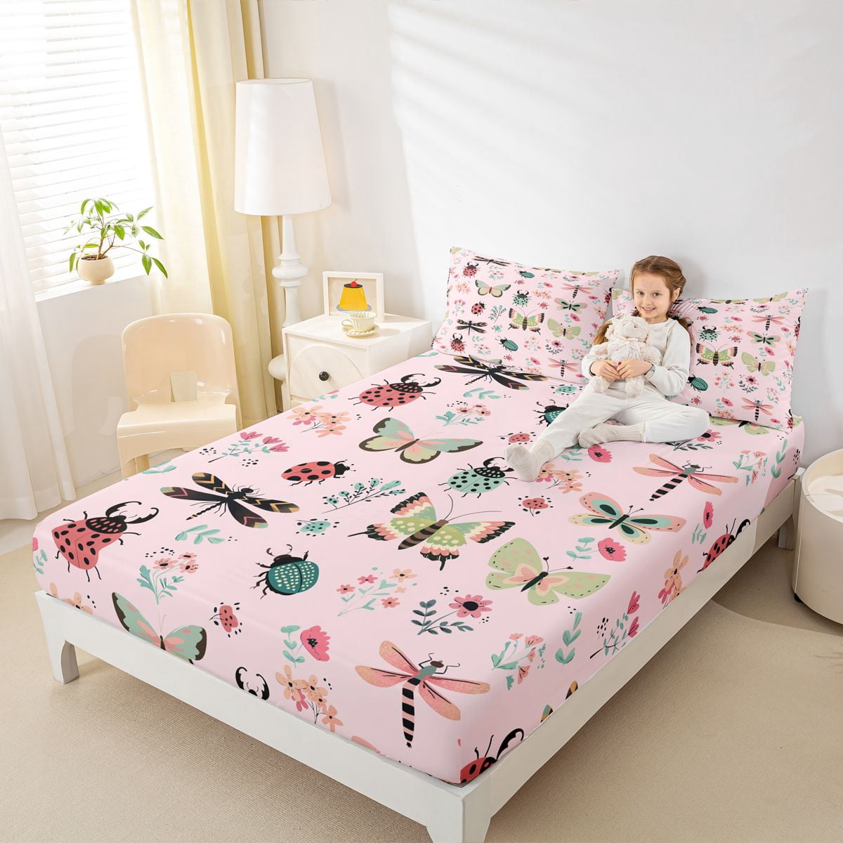 Homewish Cartoon Butterfly Ladybug Queen Sheet Sets, Cute Animal Insect Flat Sheet, Princess Pink Cartoon Queen Fitted Sheet, Super Cozy Room Decor, 4 Pieces