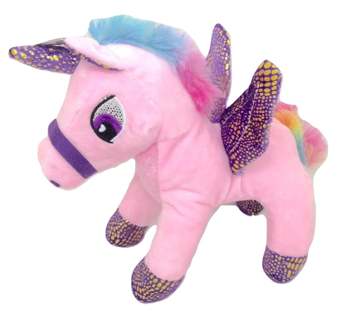 Calplush Pink Unicorn With Wings And Rainbow Colored Manes Plush