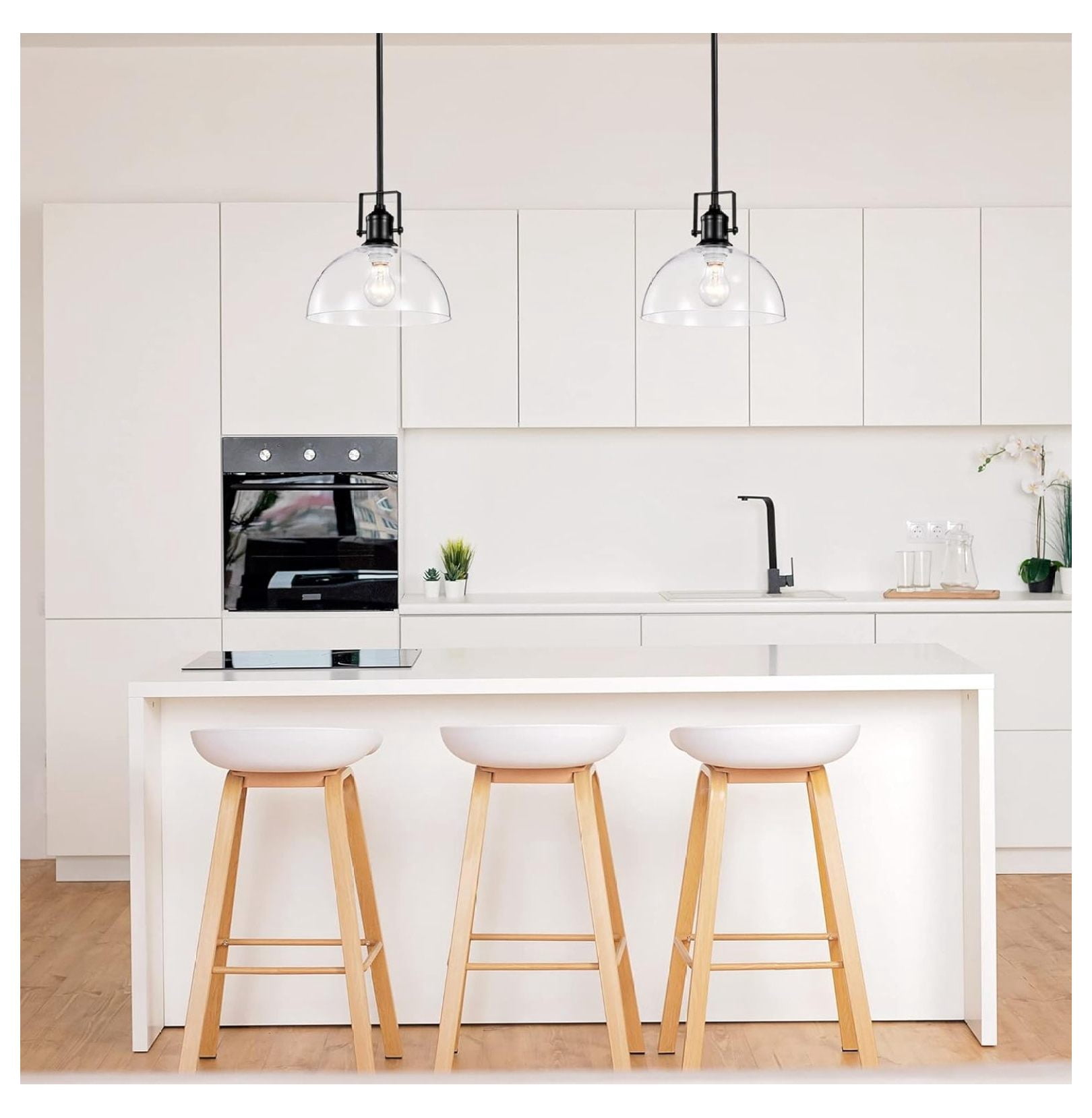 1-Light Kitchen Pendant Light with Handblown Clear Glass Shade, Adjustable Rods Farmhouse Ceiling Lighting Fixture for Kitchen Island, Sink, Matte Black Finish, 10 in.