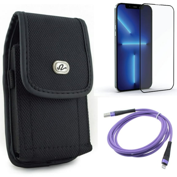 Case Belt Clip & Screen Protector & 6ft USB Cable for iPhone 13 Pro Max ONLY - Rugged Holster Canvas   Anti-Glare Tempered Glass Matte   Purple Charger Cord Power Combo