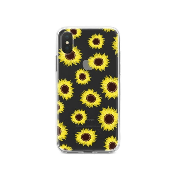 DistinctInk Clear Shockproof Hybrid Case for iPhone XR (6.1" Screen) - TPU Bumper, Acrylic Back, Tempered Glass Screen Protector - Yellow Sunflowers