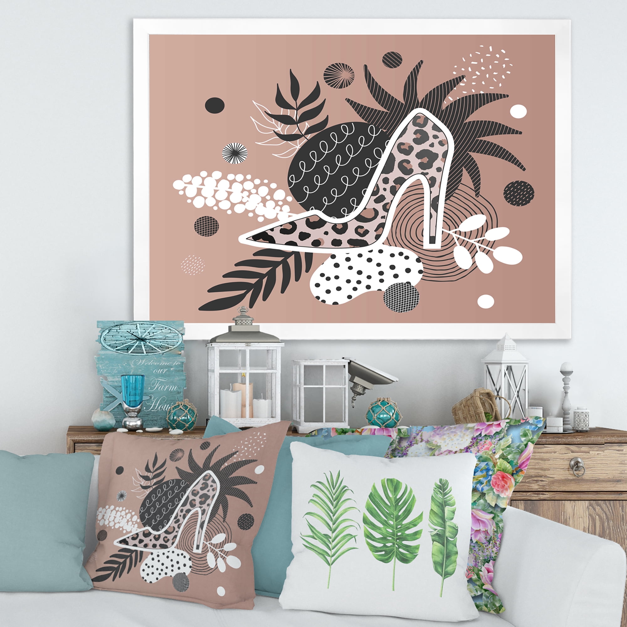 Designart 'Leopard High-Heeled Shoes On Tropical Leaves' Modern Framed Art Print