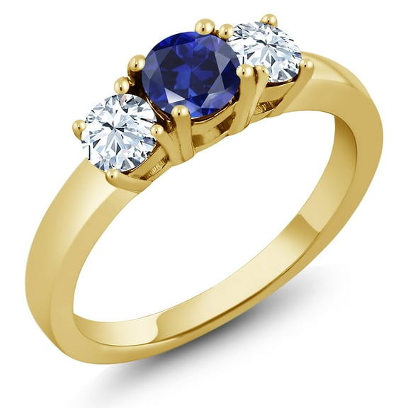 Gem Stone King 0.60 Ct Round Blue Created Sapphire 18K Yellow Gold Plated Silver Ring (Size 5)