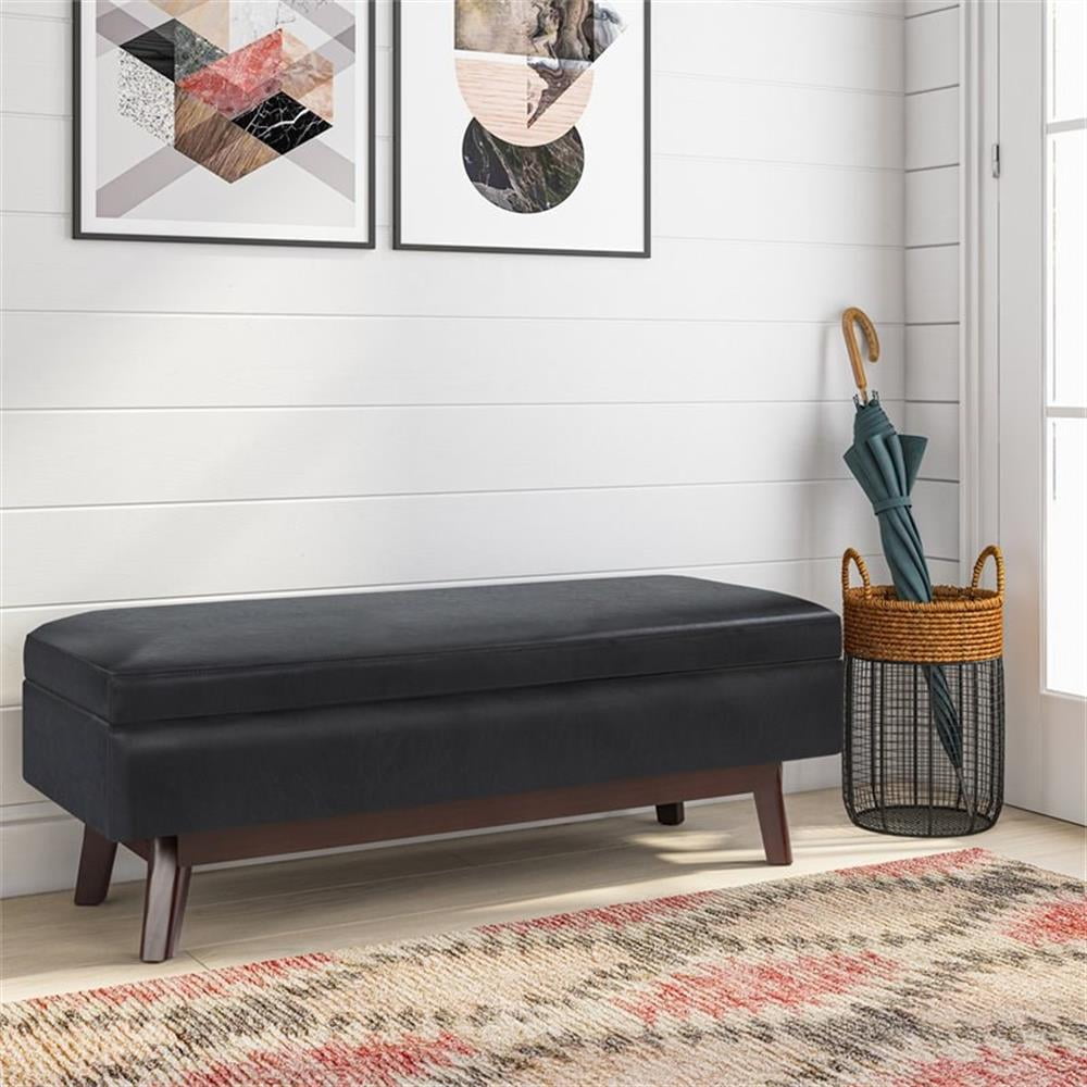 Owen 48 inch Wide Mid-Century Modern Rectangular Storage Ottoman in Midnight Black Vegan Leather