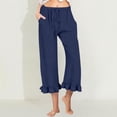 thumbnail image 2 of FUNUONY Womens Cropped Yoga Sweatpants Wide Leg High Waisted Lounge Pajamas Pants Comfy Workout Loose Pants with Pockets Linen Solid Color Elastic Waistband Ruffled Seven Quarter Pants Dark Blue M, 2 of 5