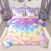 Manfei Cute Glitter Stars 7pcs Bedding Comforter Set for Kids, Starry Sky Cloud Queen Bedding Sets, Dreamy Cartoon Theme Reversible Queen Sheet Sets, Luxury Bedroom Decor