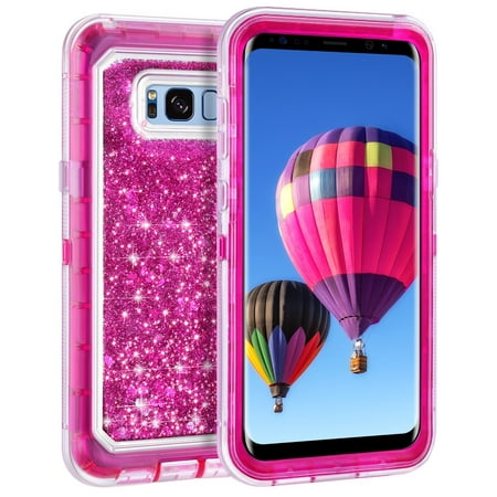 For Samsung Galaxy S8 Plus / G955 Dual Layer Protective Shockproof Liquid Bling Sparkle Floating Glitter Quicksand Phone Case Girls Lady Cute With Transparent Hot Pink