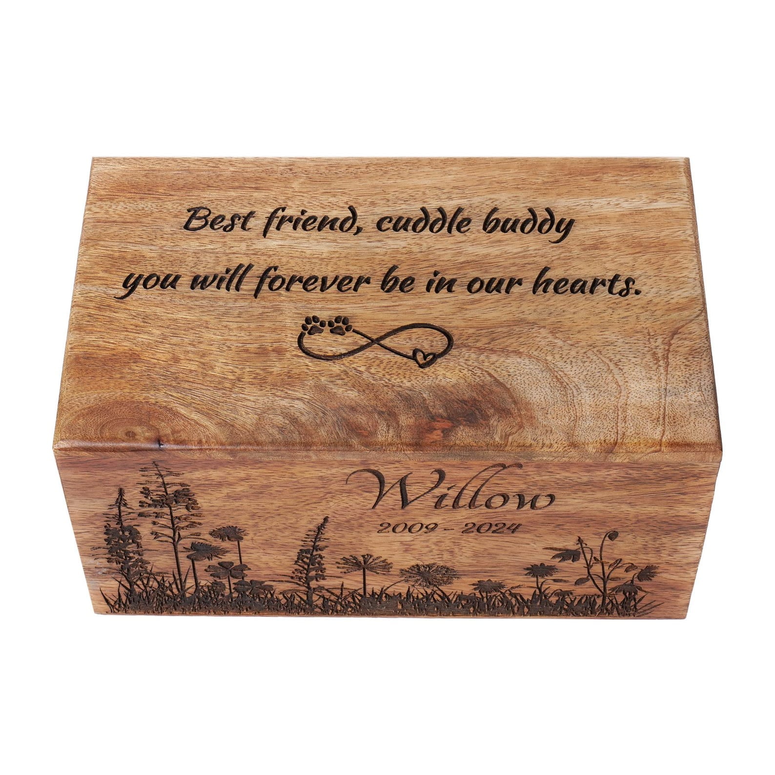 DANDELION Pets Cremation Urn for Dog Ashes with Engraved Dandelion Grass and Butterfly, Wooden Pet Memorial Urn for Dogs and Cats