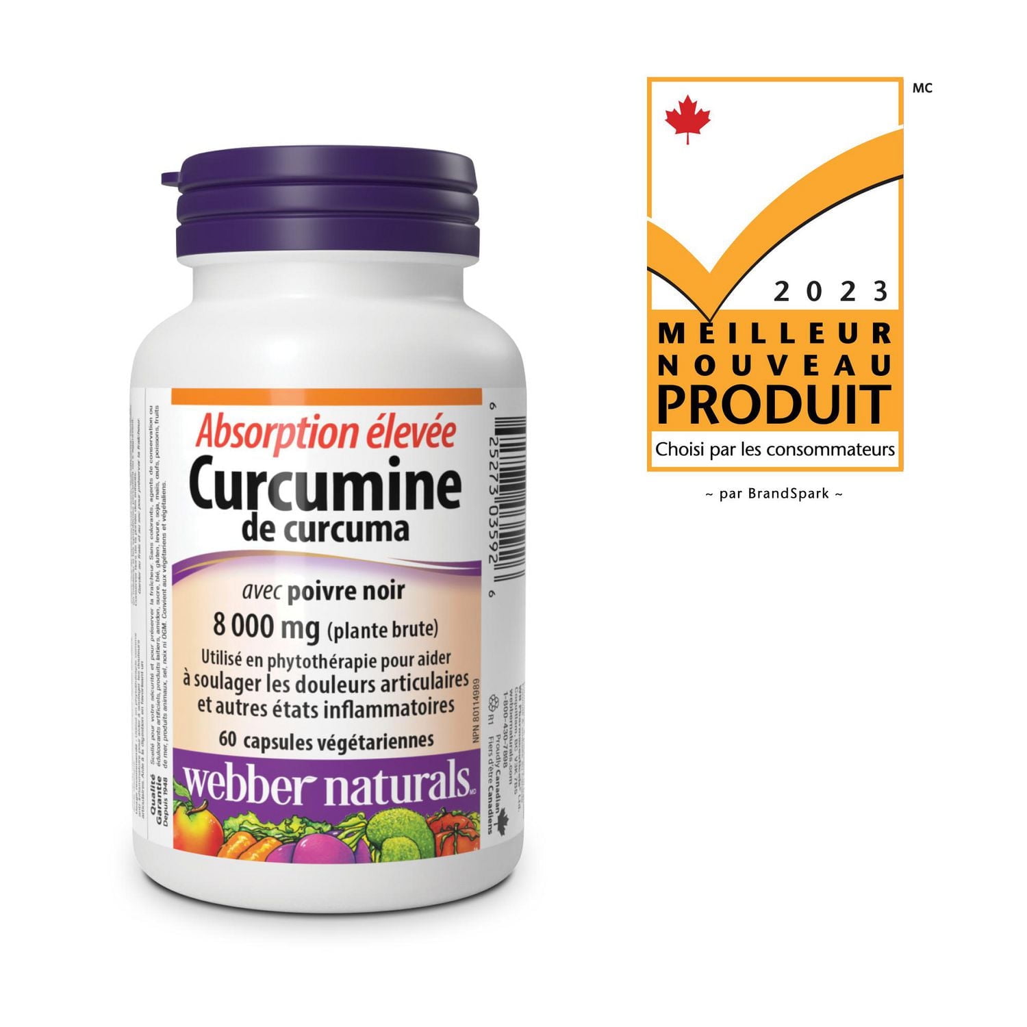 Curcumine de curcuma à absorption élevée  avec poivre noir  8 000 mg (plante brute) 60 capsules végétariennes