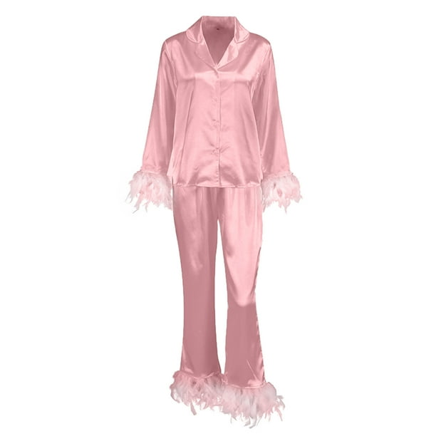 Cute Pink O-Neck Button Side Open Solid Ice Silk Pajamas Two Pieces Se –  Furdela