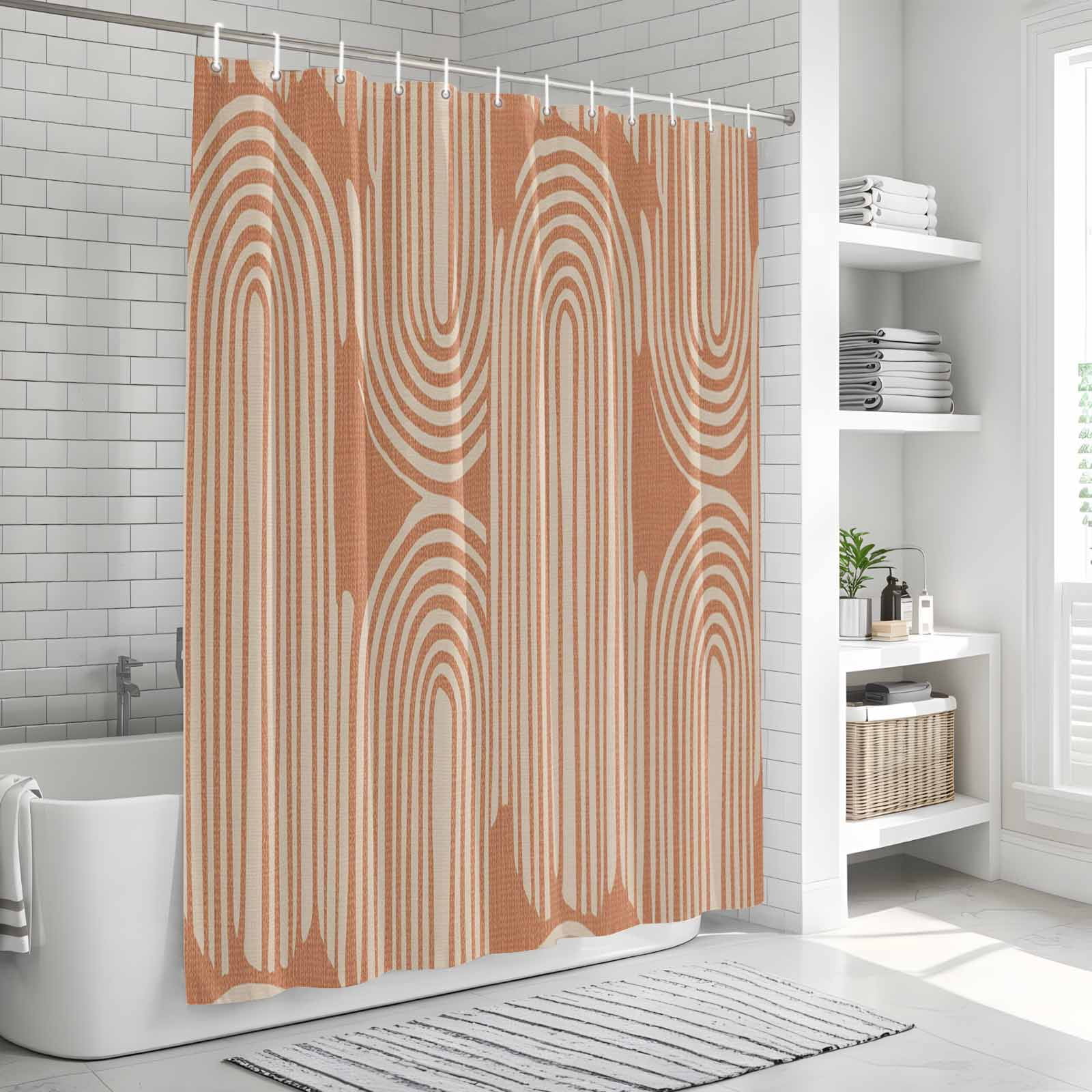 Line Texture Shower Curtain, Waterproof Shower Curtains for Bathroom, Orange Abstract Art Retro Washable Fabric Bathtub Curtain Set Bath Decor with 12 Hooks 72"x78"