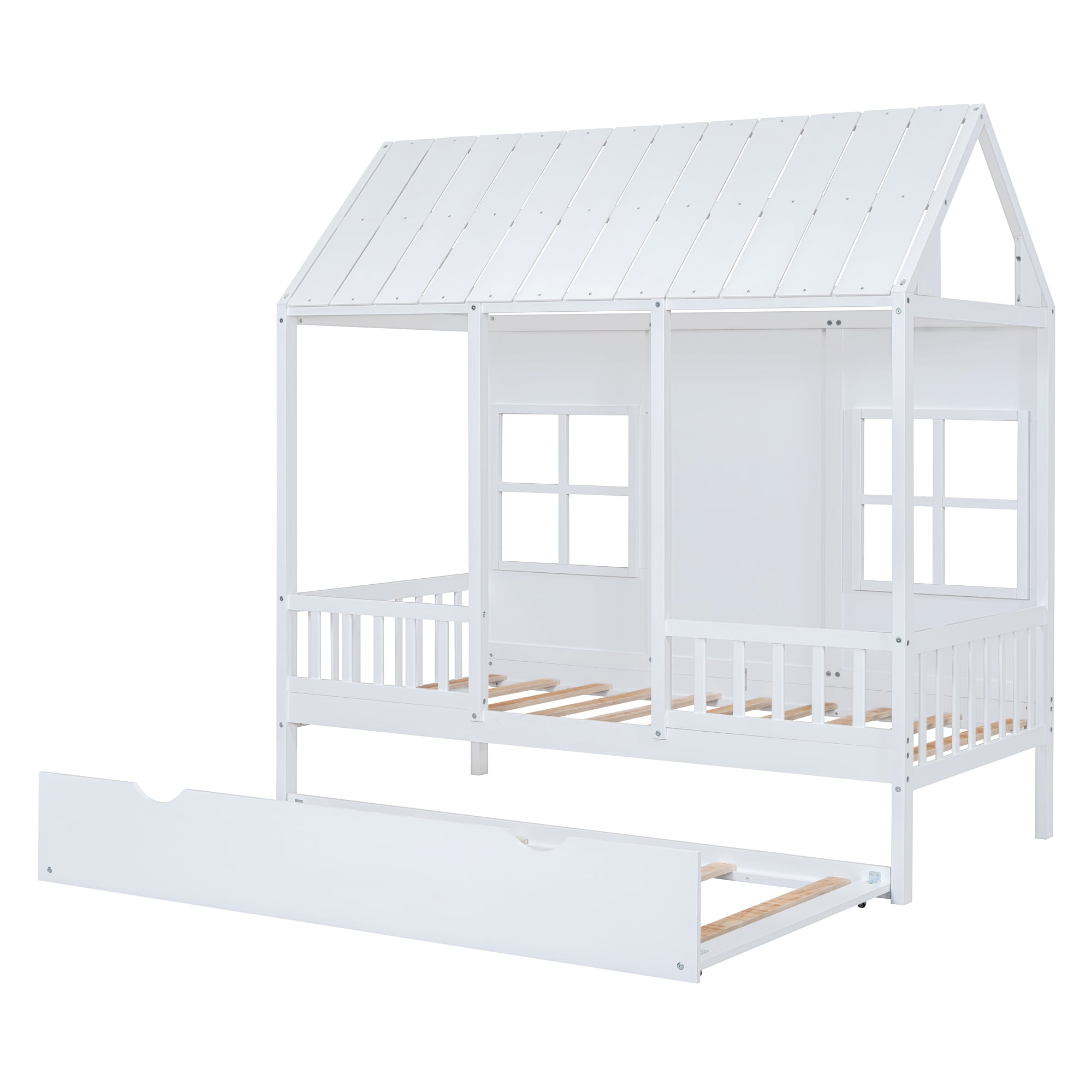 Harper & Bright Designs House Bed with Trundle Twin House Bed, Wooden Platform Bed Frame with Headboard and Roof for Girls Boys, White