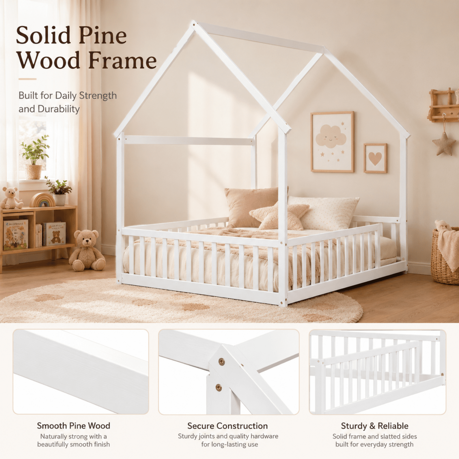 Miniyam Full Size Kids House Floor Bed with Fence, Wood Montessori Bed Frame, White