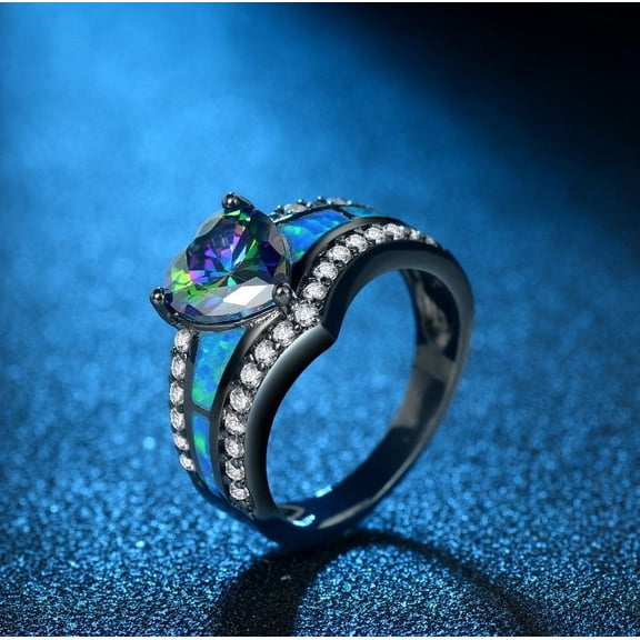Womens Heart Ring with Colorful Zircon Copper European Ring and American Blue Fire Ring Gift for Her Anniversary Promise Statement Fashion Jewelry