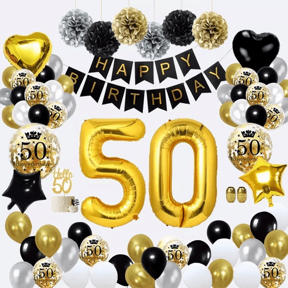 Decoración Para 50 Cumpleaños Globos, Color Oro, Negro