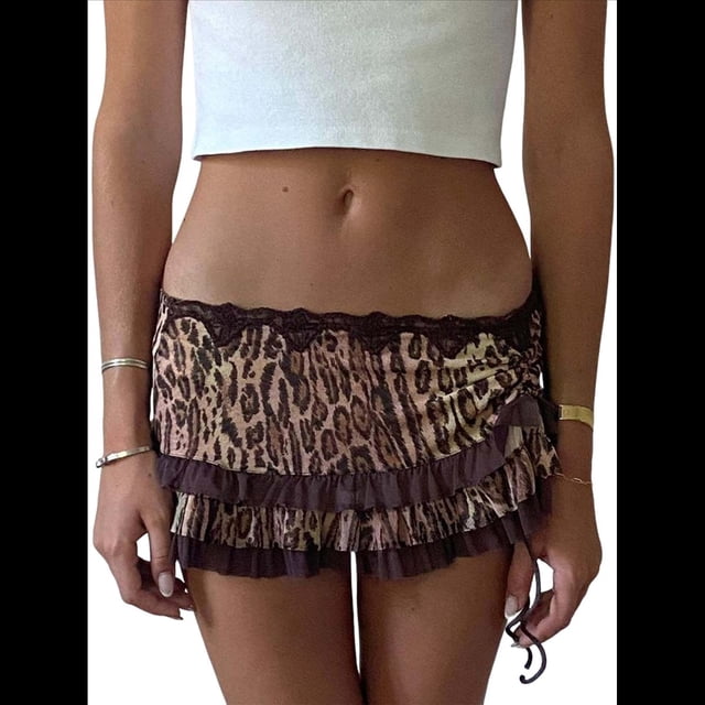 Minifalda de Encaje Y2K para Mujer, de Tiro Bajo, con Estampado de Leopardo, con Volantes en Contraste, Corta y Holgada, Estilo Enagua. Color Café L