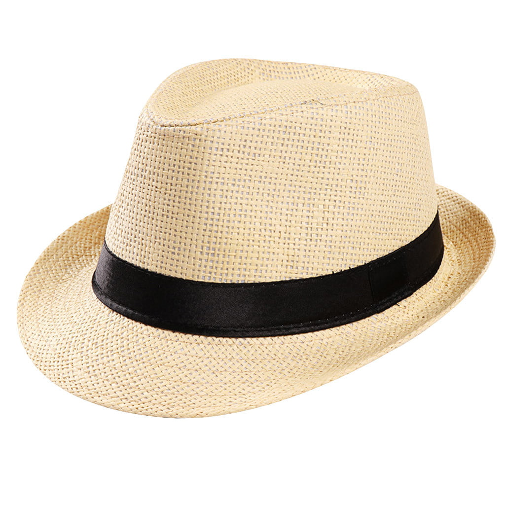 Unisex Men Women Straw Hat Wide Brim Beach Sunhat Gangster Jazz Cap Adjustable Outdoor Fisherman Cap