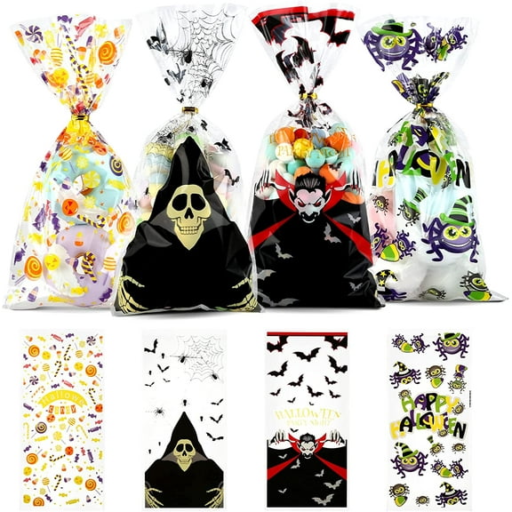 Naler 100 Count Halloween Cellophane Treat Bags with Twist Ties,Clear Candy Trick-or-Treat Bags for Kids Party Favors