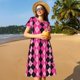 thumbnail image 4 of Fotbe pink and black argyle Vestido Largo de Moda para Mujer, Vestido Tipo Camiseta con Manga Corta y Estilo Casual a Rayas y Bloques de Color, 4 of 6