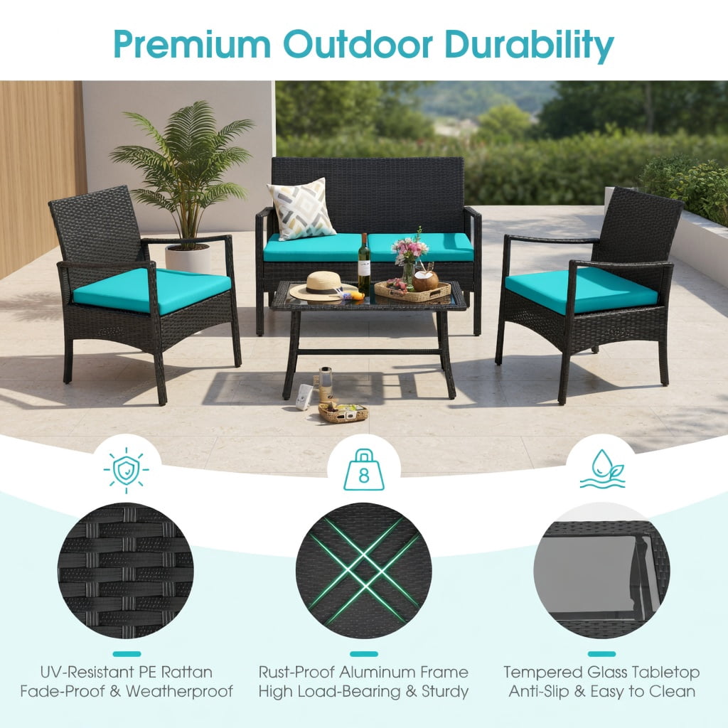Hommoo 4-Piece PE Rattan Outdoor Conversation Set with Tempered Glass Coffee Table, Metal Frame, Backyard Patio Furniture, Turquoise