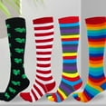 thumbnail image 6 of Women Girls Split Toe 5 Finger Calf Socks Rainbow Colorful Striped Clover Printed Breathable Cotton High Tube Hosiery, 6 of 20