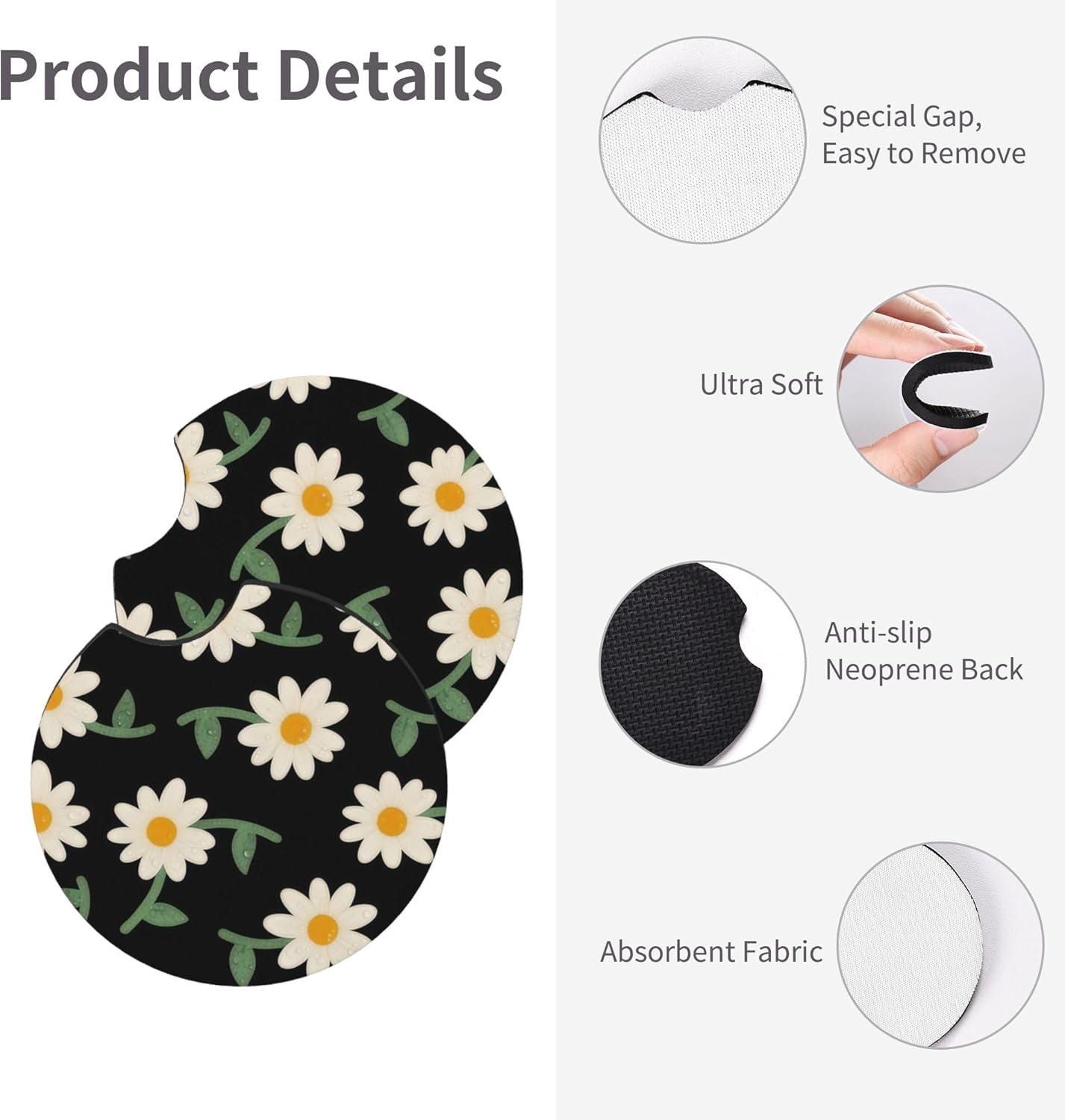 Daisy Flower Steering Wheel Cover for Women - Cute Anti-Slip Breathable Universal 14-15 Inch Car Wheel Cover with 2 Matching Coasters Set, Soft Comfort Grip Accessories