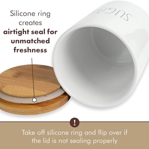 Ceramic Storage Jar Canister - Airtight Bamboo Lid w/Silicone Seal - Modern Design for Kitchen Counter or Bathroom (Sugar 1080mL)