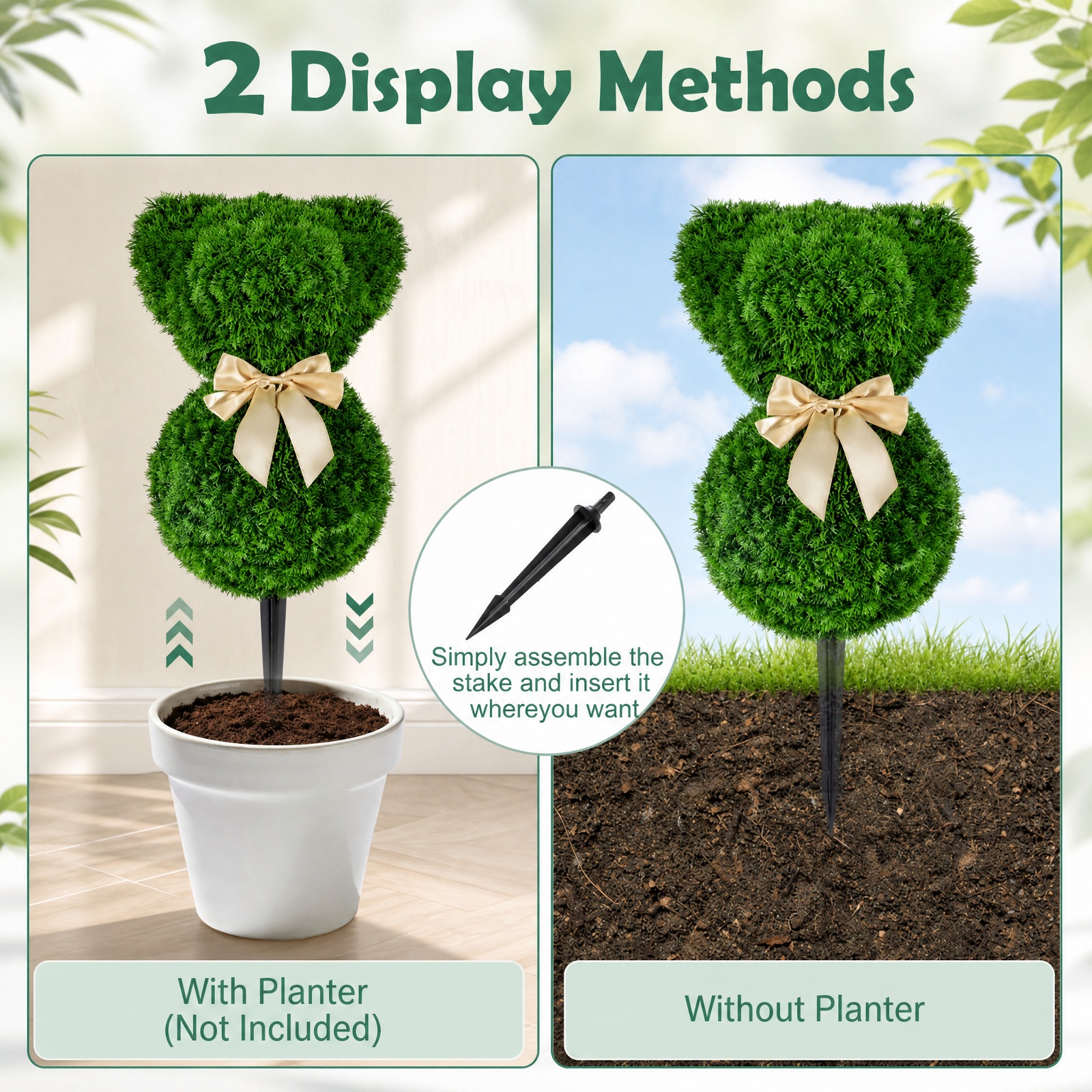 Vebreda Artificial Plant Decor, 2 Pieces Teddy Bear Topiary Trees Sun-resistant Faux Boxwood Plants with Bowknot, Whimsical Little Bears