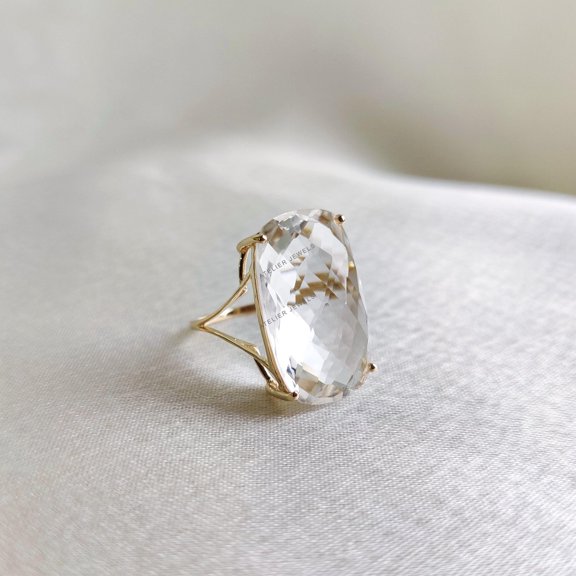 14K Solid Gold Natural Clear Quartz Ring, Cushion Cut Gemstone, April Birthstone