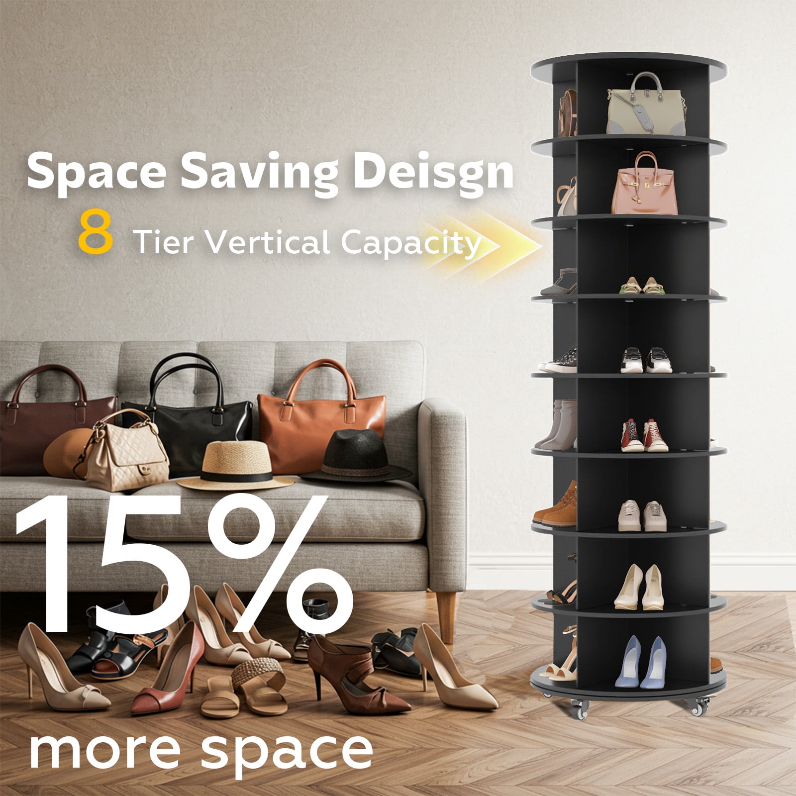 YODOLLA 8 Tier Rotating Shoe Rack with 4 Universal Casters, 360° Spinning Shoe Display Lazy Susan  (Black, 23.6’’×23.6’’×74’’)
