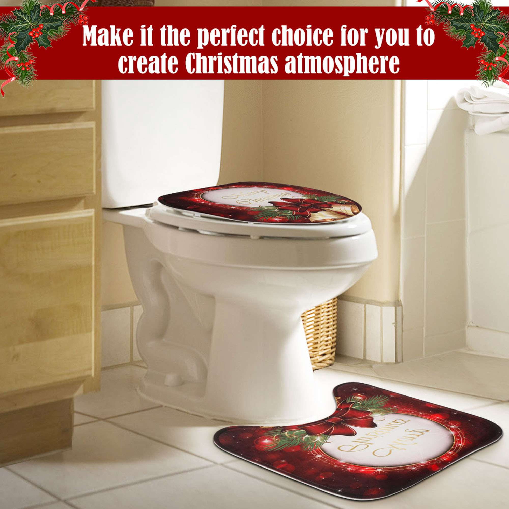 Gustave 4 Pcs Christmas Bathroom Sets with Non-Slip Bath Mat Rugs Toilet Lid Cover Waterproof Shower Curtain with 12 Hooks for Bathroom Home Decor