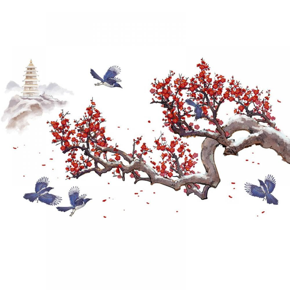 Removable Giant Red Plum Blossom Black Tree Branches&Flying Birds Wall Decals 3D DIY Peel and Stick Home Decor Wall Sticker Wallpaper for Living Room Nursery Offices Kids Girls Bedroom Decoration