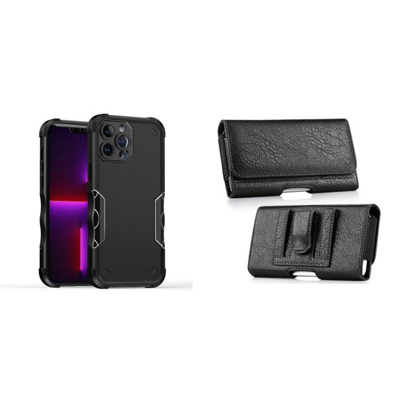 Case with Belt Holster Bundle for iPhone 14: Slim EX Hybrid Series Shockproof Case (Black) and Coin Card Wallet Phone Pouch