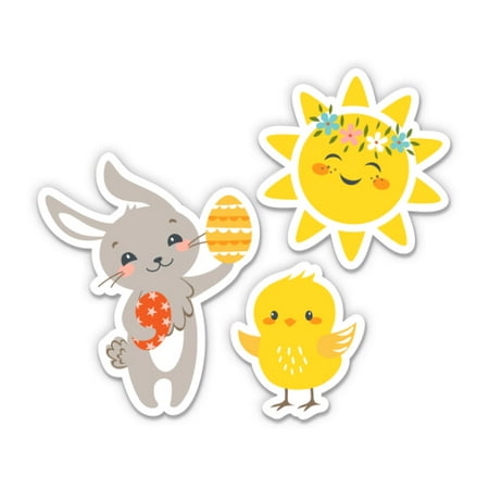 Easter Set of 3 Cute Happy Sunshine Bunny Chick - 4" Vinyl Stickers - For Car Laptop I-Pad Phone Helmet Hard Hat - Waterproof Decals