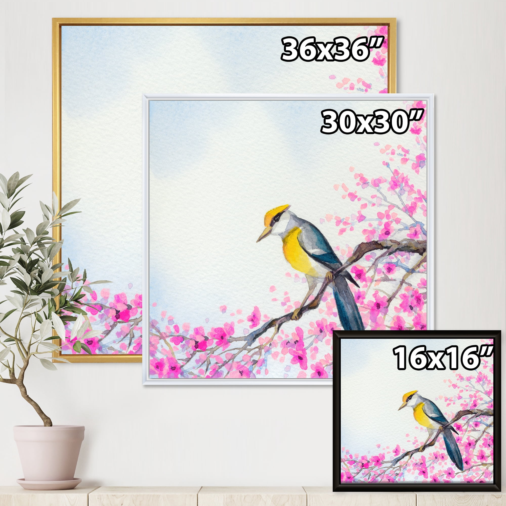 Designart 'Beautiful Bird Sitting On Flowering Branch' Traditional Framed Canvas Wall Art Print
