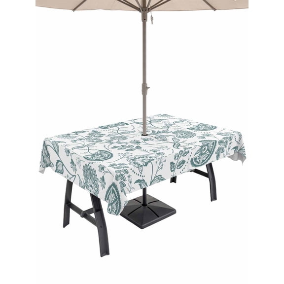 Outdoor Tablecloth with Umbrella Hole, Boho Teal Green Floral Spillproof Waterproof Outdoor Table Cover, Vintage Farmhouse Paisley Leaf Patio Tablecloths for Party Picnic Camping, Rectangle 54"x80"