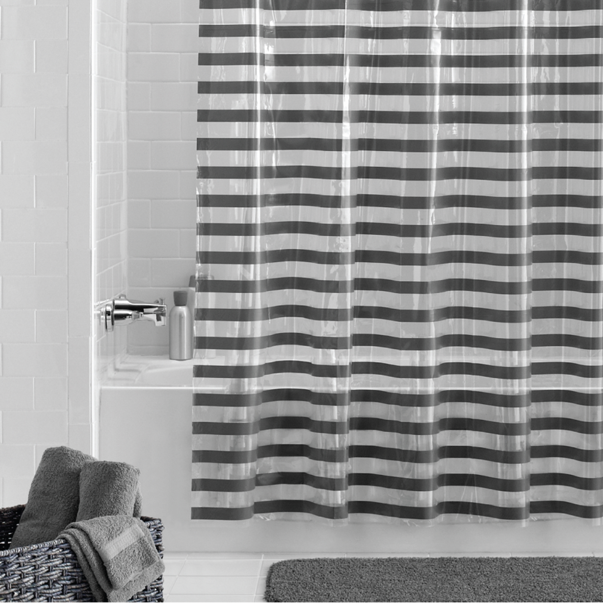 Mainstays Luisa Printed Stripe, 72" x 70" Lightweight PEVA Shower Curtain Gray (13 Pieces) - image 3 of 5