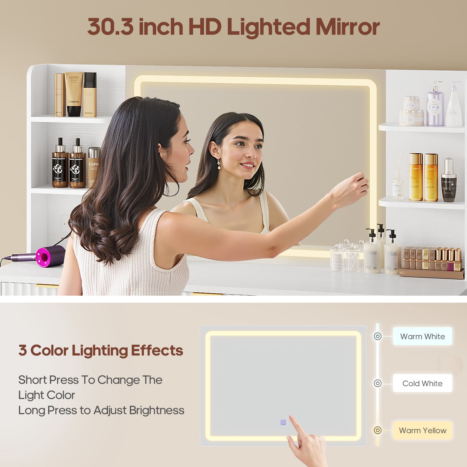 Plonmago Modern Vanity Table with Lighted Mirror, 5 Drawers, 2 Cabinets, and 6 Shelves, Vanity Desk with Lights and Power Strip,Modern Dressing Table Solid Wood Legs,White Fluted Finish