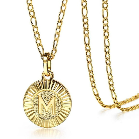 Hermah Round Gold Plated Initial Letter Pendant Necklace Figaro Chain 18inch