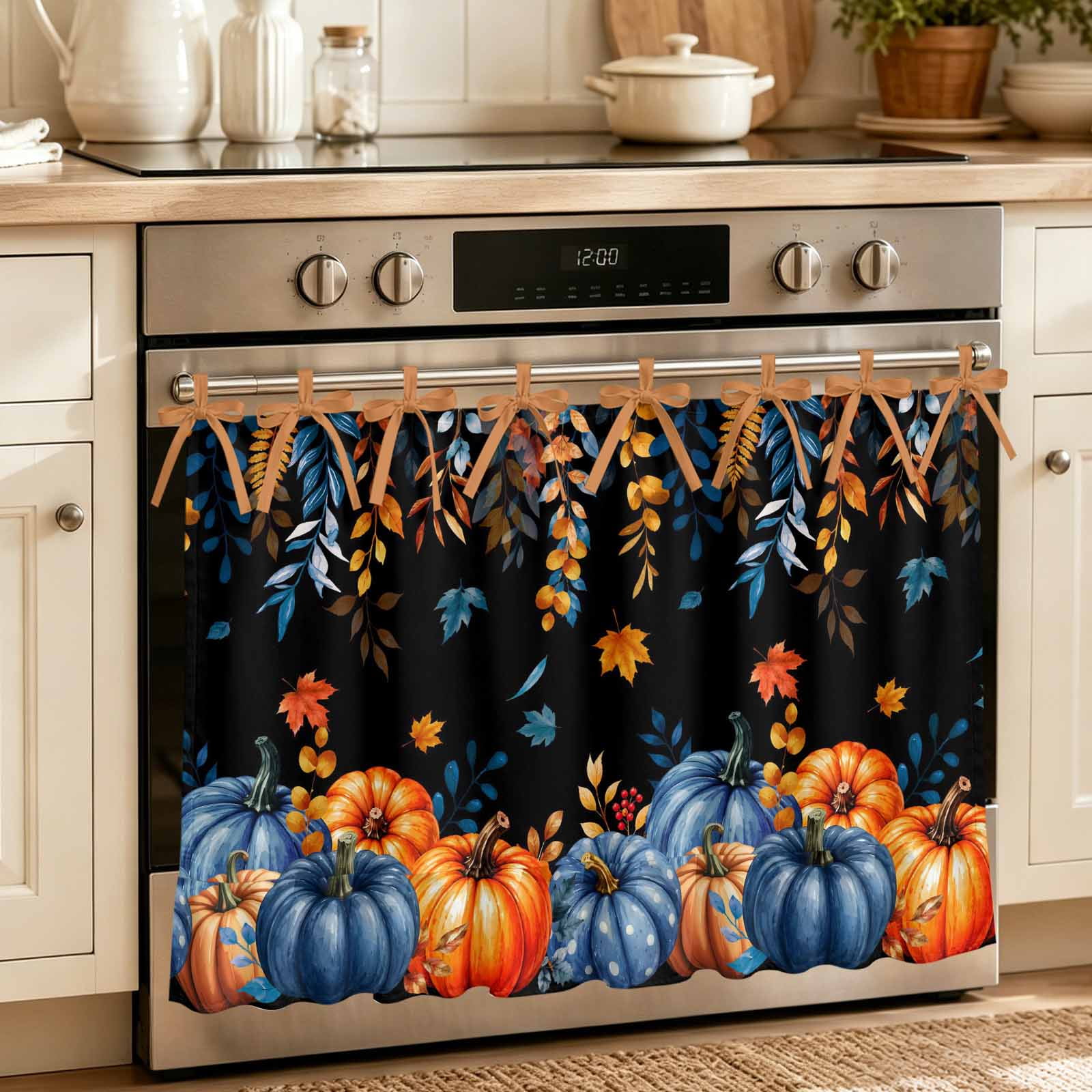 Oven Curtain for Kitchen Thanksgiving Orange Blue Pumpkin Stove Curtain With Ruffled Trim Dishwasher Curtains Fall Harvest Leaves on Black Oven Skirt 30 x21.5