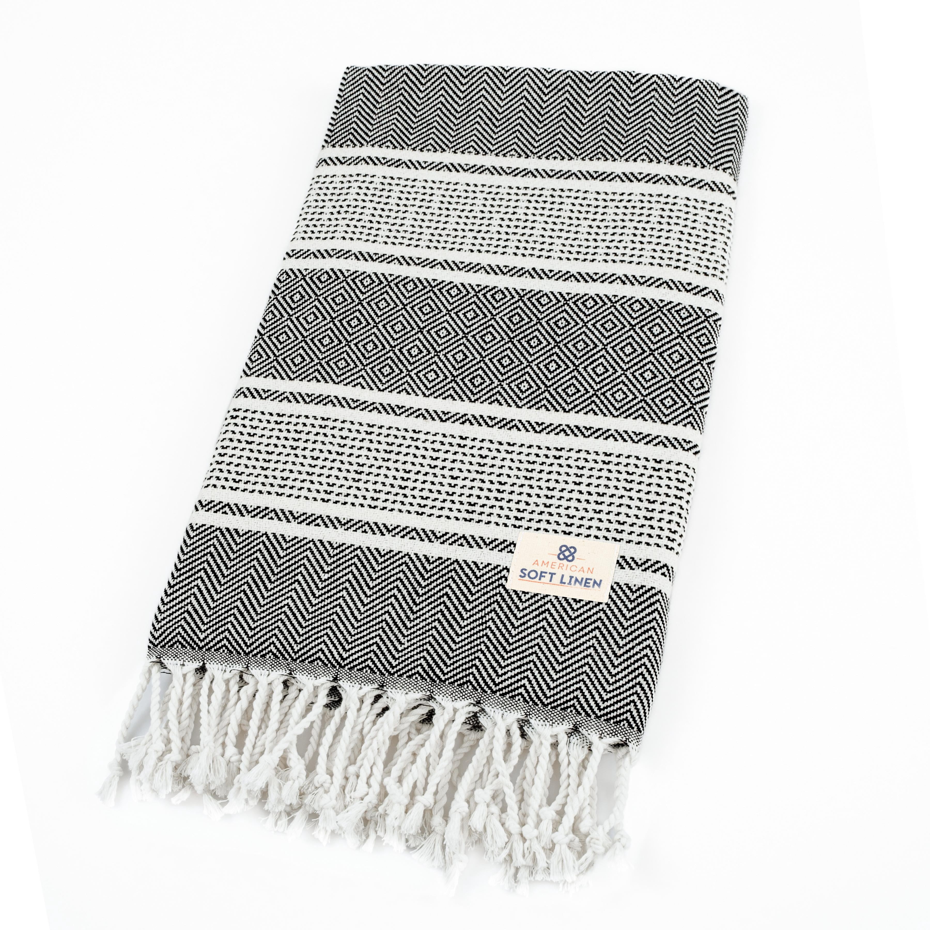 American Soft Linen Turkish Peshtemal Beach Towels, 35" x 65" size 4 Pack Swim Towels for Beach and Pool Towels, Black Stripe