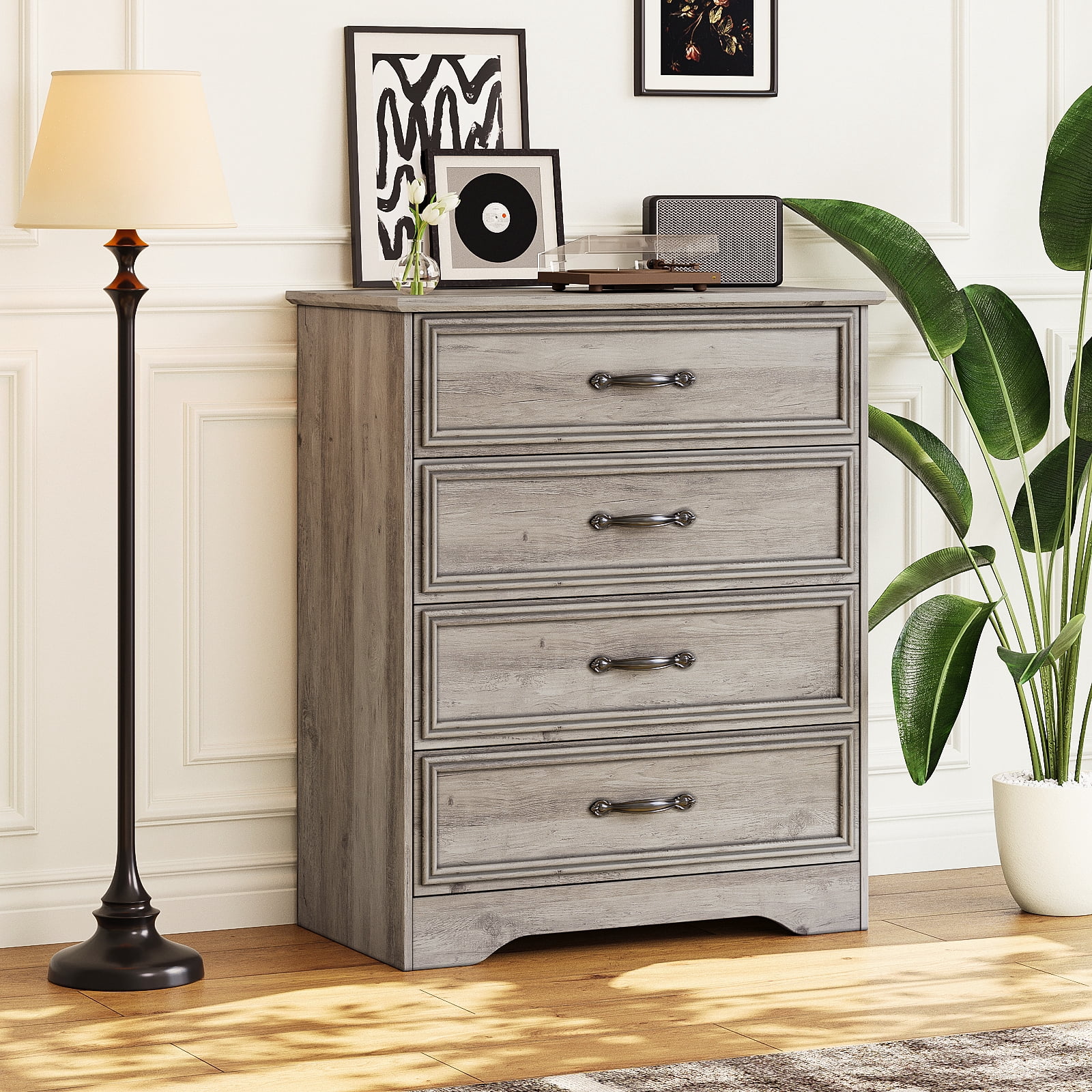 Holliwill 4 Drawer Dressers for Bedroom, Modern Wood Chest of Drawers Storage Cabinet for Living Room, Hallway, Gray