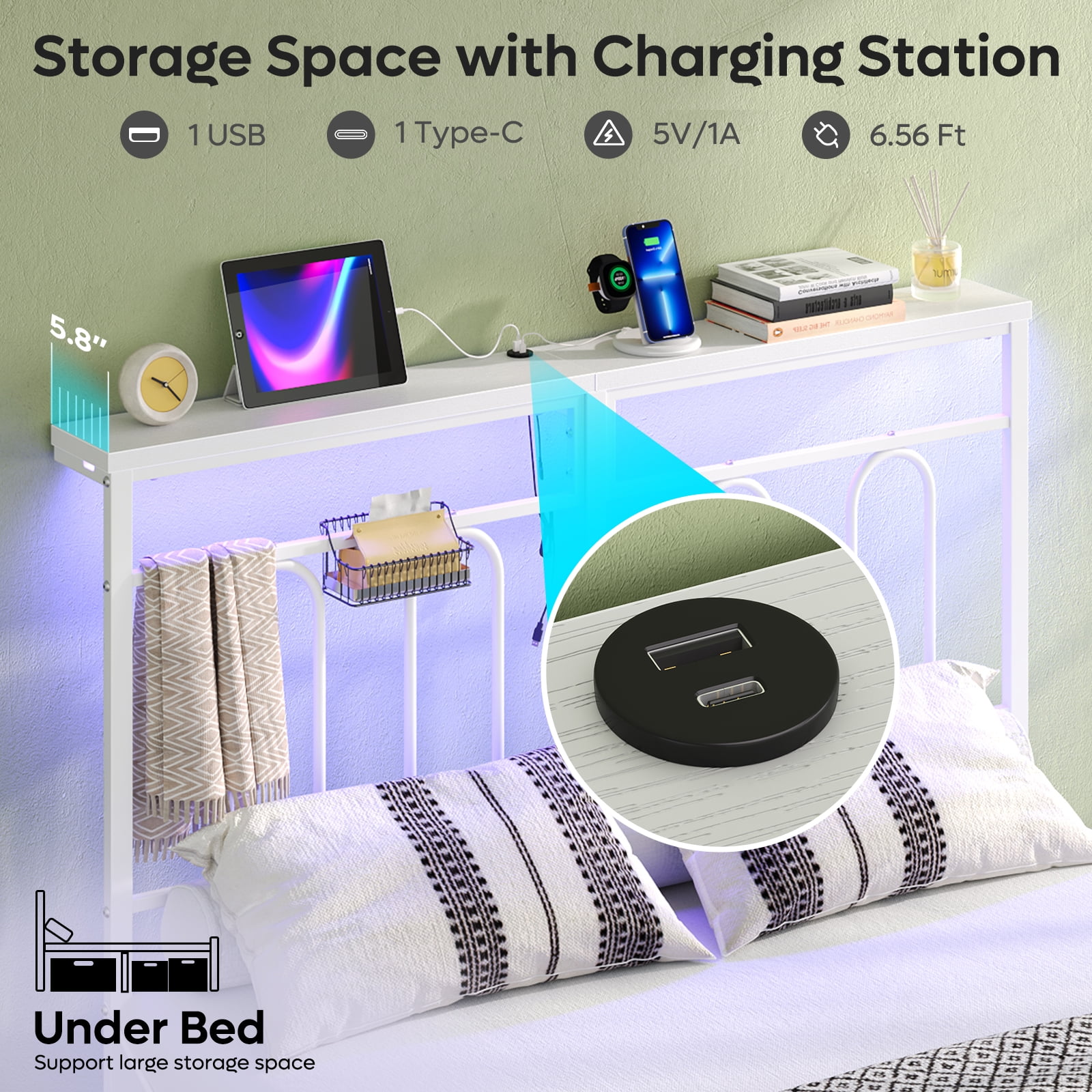 Pinmoco Queen Size Bed Frame with 49.2" High LED Storage Headboard Shelf, Metal Platform Bed with Charging Station, White