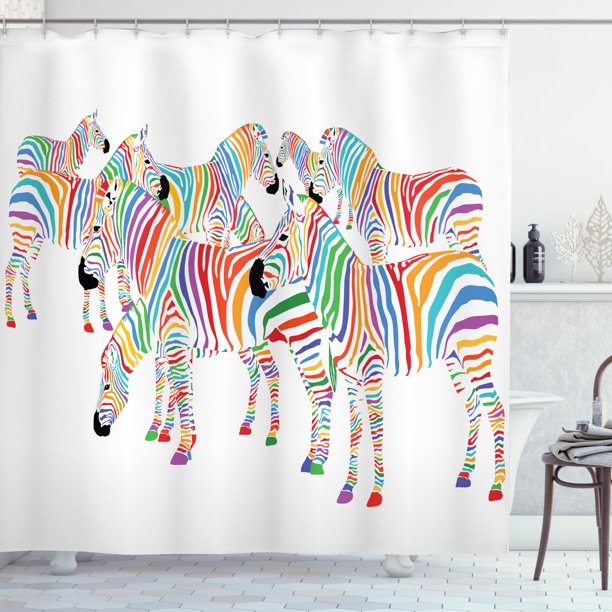 Funny Shower Curtain, Colorful Cute Animal Herd with Rainbow Stripes