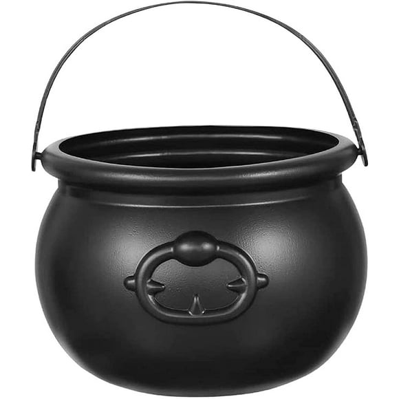 Cauldron Plastic Large Halloween 7" Candy Bucket Black Witch Cauldron for Halloween Decor Outdoor, Witches Cauldron Prop, Trick or Treat Bucket by HTOOQ - -
