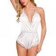 thumbnail image 4 of Baywell Women Satin Lingerie Bodysuit Teddy One Piece Lace Babydoll Short Pajamas White S-2XL, 4 of 6
