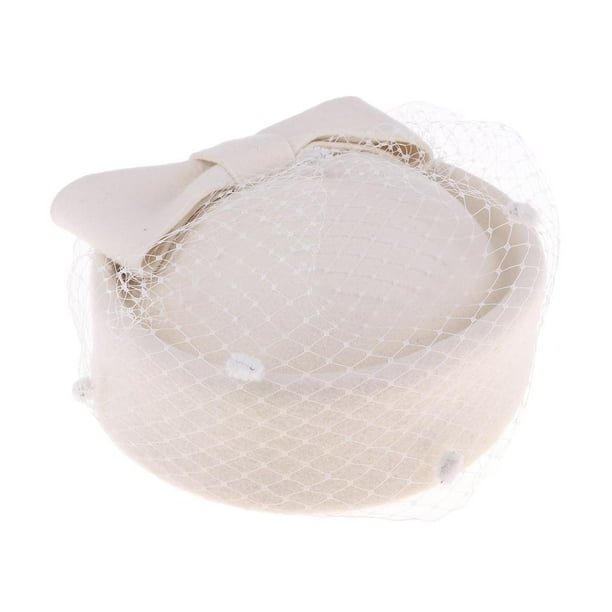 Boina para mujer, sombrero de lana para otoño e invierno, tocado con plumas y pastillero Blanco