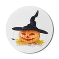 thumbnail image 1 of Halloween Mouse Pad for Computers, Carved Pumpkin with Witch Hat and Hanging Spider Thematic Picture, Round Non-Slip Thick Rubber Modern Mousepad, 8" Round, Marigold White Dark Grey, by Ambesonne, 1 of 2