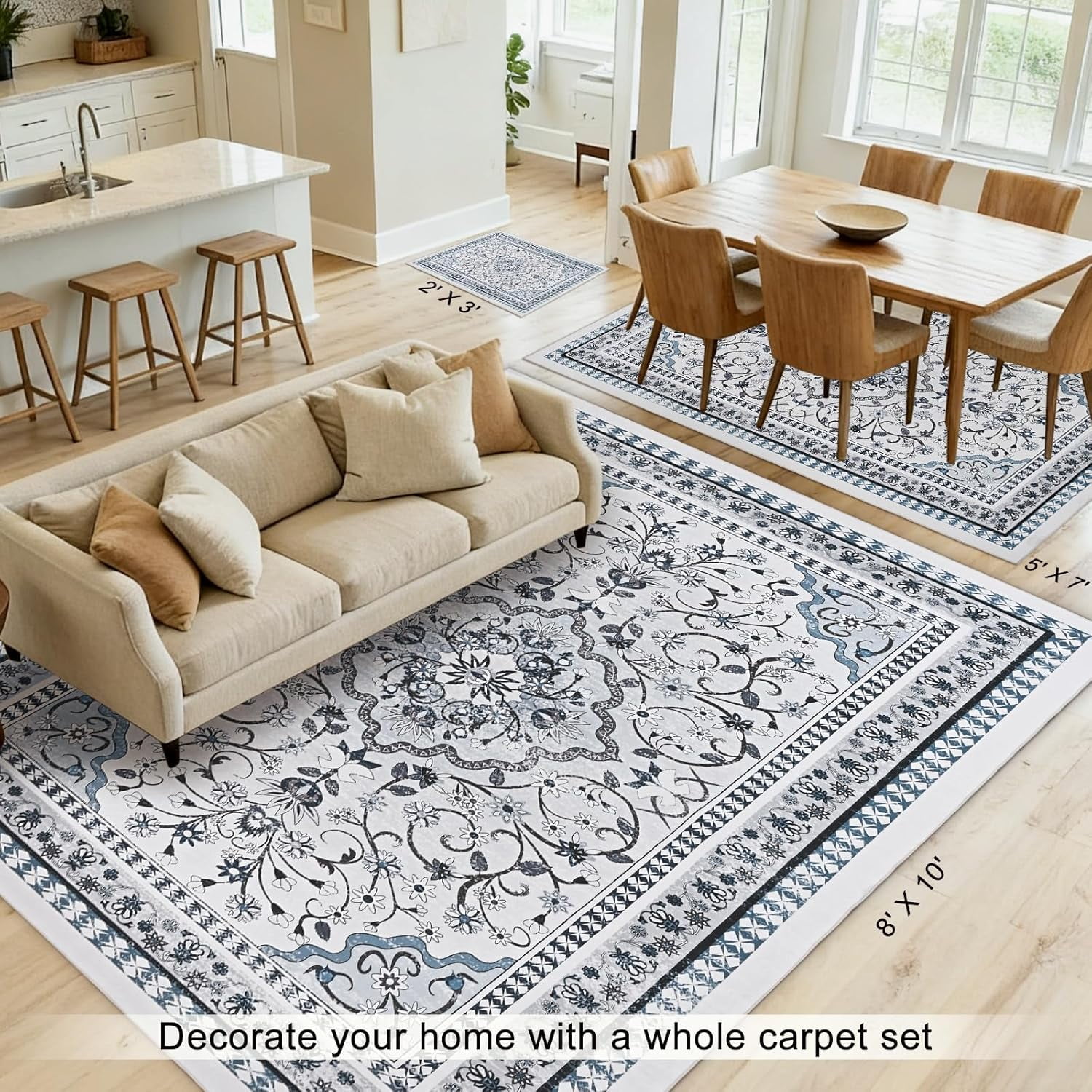 Bleum Cade Large Area Rug for Living Room, 5x7 Machine Washable Boho Rug for Bedroom, Soft Low Pile Non Slip Boho Dining Room Rug, Floral Vintage Floor Carpet for Bedroom Home Office,Blue